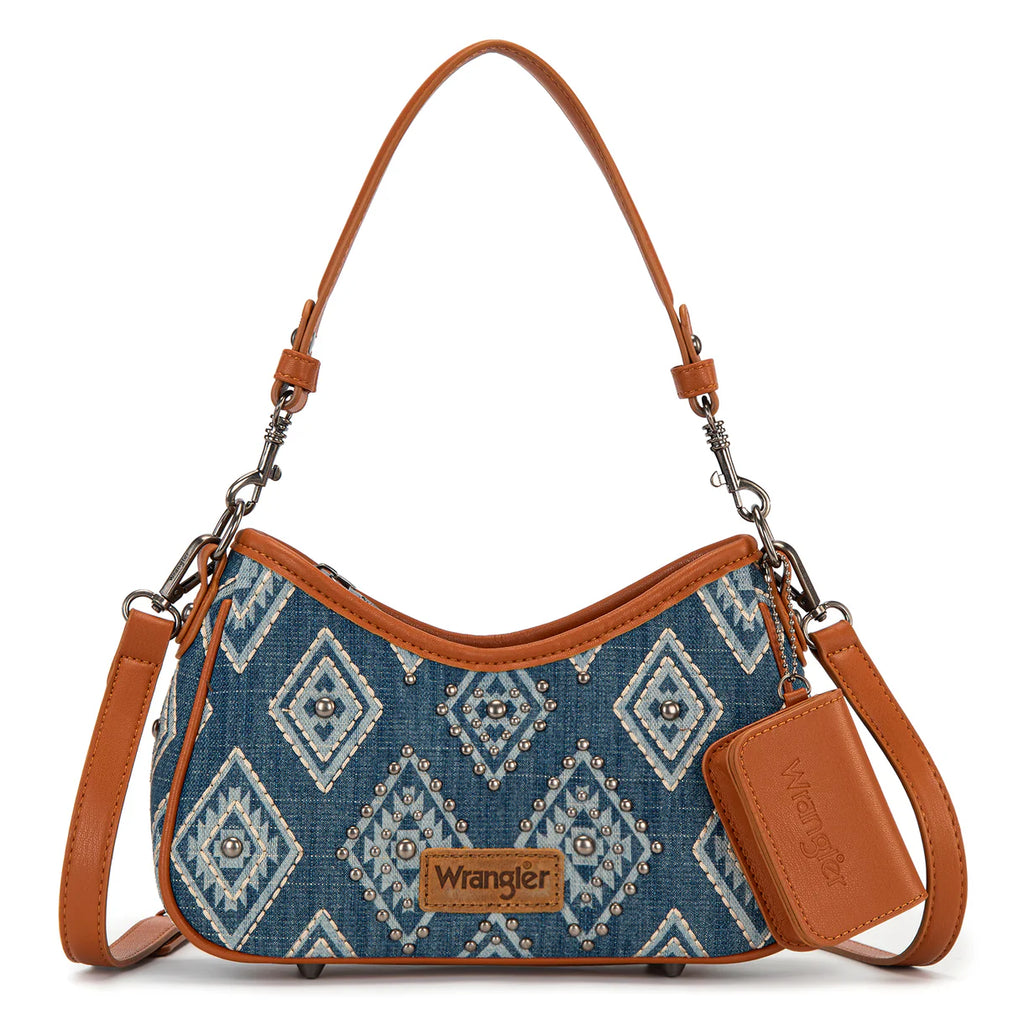 Wrangler Aztec Studded Denim Shoulder Bag with Mini Pouch-Jean