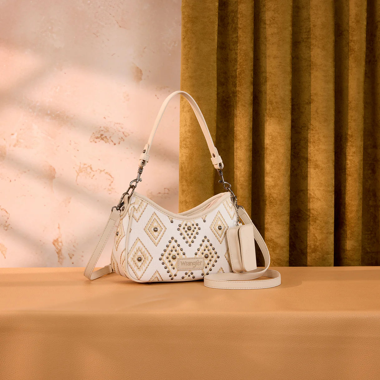 Wrangler Aztec Studded Denim Shoulder Bag with Mini Pouch-Beige