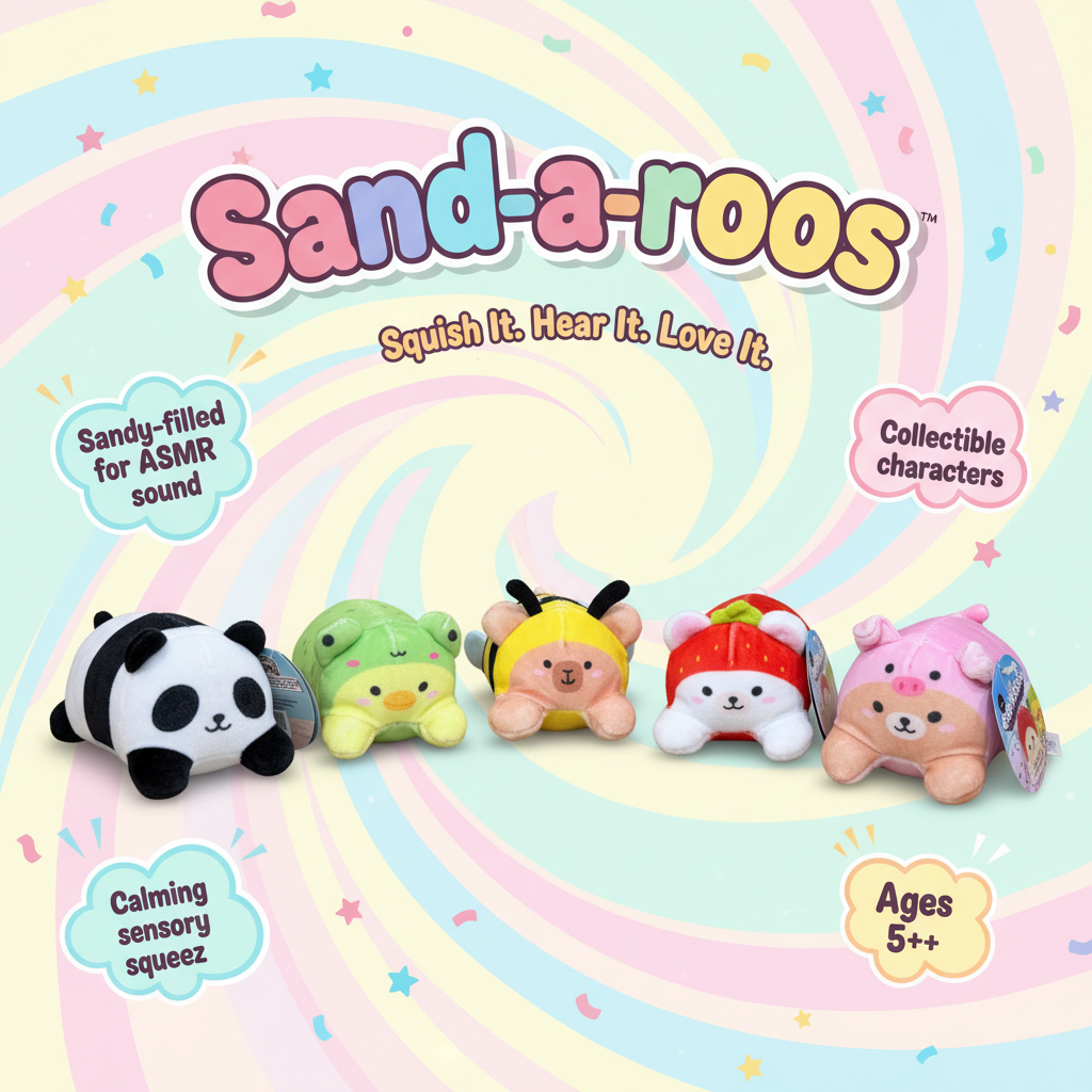 Sand-a-roos promotional ad featuring all five sensory plush characters